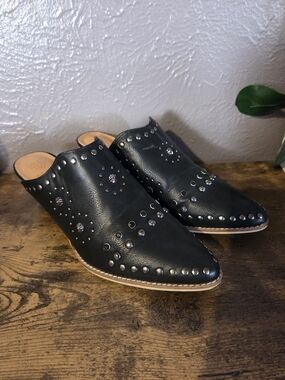Black Studded Leather Mule Slides - Women Shoes